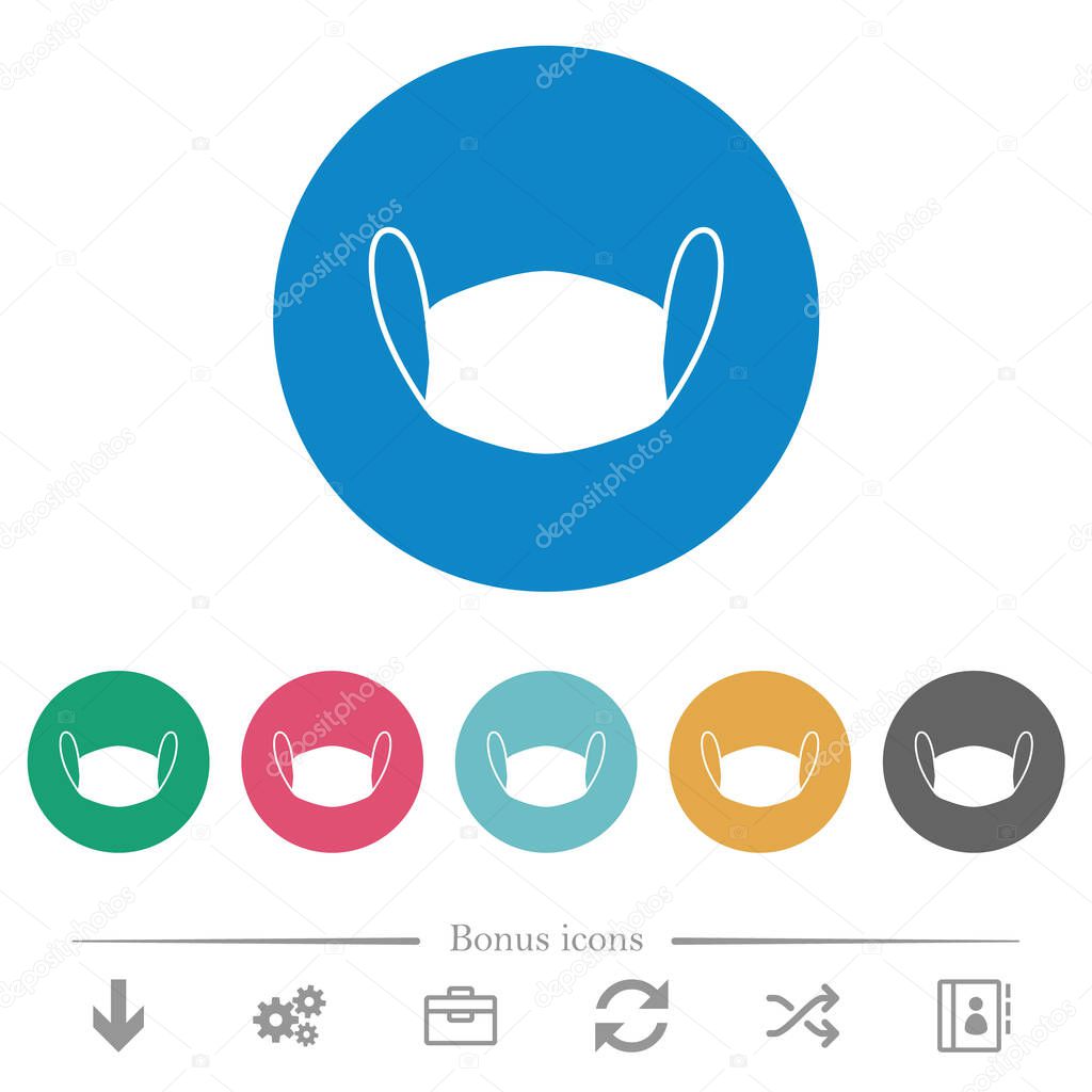Medical face mask flat white icons on round color backgrounds. 6 bonus icons included.