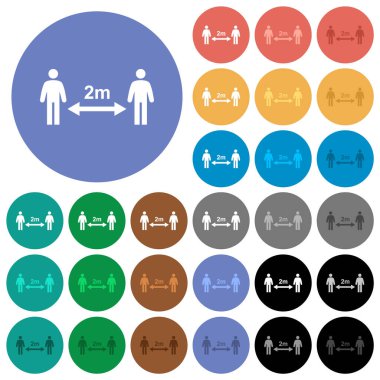 Sosyal uzaklık 2 metre, arka planda çok renkli düz simgeler. Uçma ve etkin durum efektleri için beyaz, açık ve koyu simge varyasyonları.