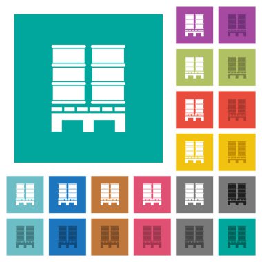 Fıçıları olan palet düz kare arka planda çok renkli düz ikonlar. Uçan veya etkin efektler için beyaz ve koyu simge varyasyonları.