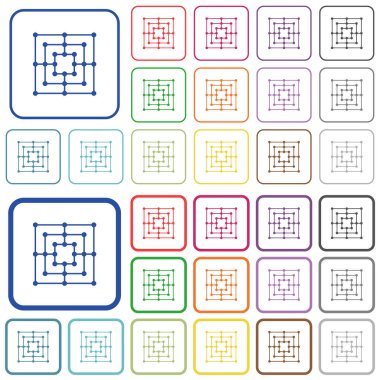 Dokuz erkeğin Morris oyun tahtası yuvarlak kare çerçeveli düz simge rengi. İnce ve kalın versiyonlar dahil.