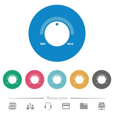 Yuvarlak renk arkaplanlarında düz beyaz simgelerle ses denetimi. 6 bonus simgesi dahil.