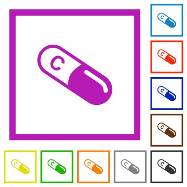 Beyaz arkaplanda kare çerçevelerde C vitamini düz renk simgeleri