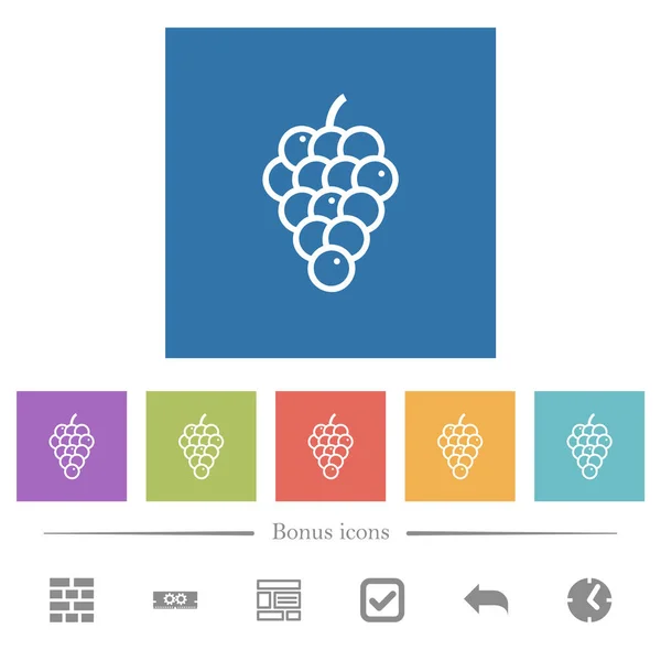 正方形の背景に平らな白いアイコンをブドウします ボーナスアイコン6種 — ストックベクタ