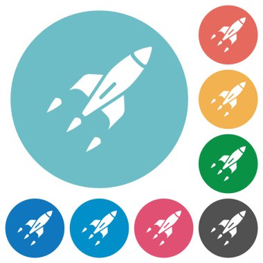 Yuvarlak renkli arkaplanlarda roket düz beyaz simgeler