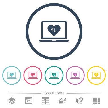 Dizüstü bilgisayarda çevrimiçi flört düz renk simgeleri yuvarlak hatlarda. 6 bonus simgesi dahil.