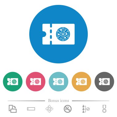 Pizzacı indirimi kuponları yuvarlak renkli arka planda düz beyaz simgeler. 6 bonus simgesi dahil.