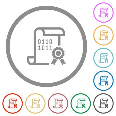 Beyaz arkaplanda yuvarlak ana hatlarda dijital sertifika düz renk simgeleri