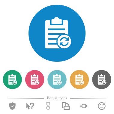 Yuvarlak renk arkaplanındaki düz beyaz simgeleri senkronize et. 6 bonus simgesi dahil.