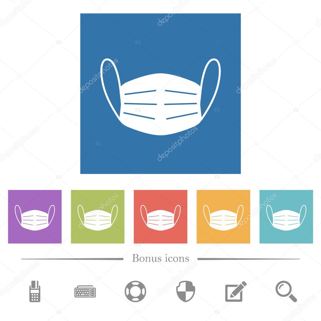Medical face mask flat white icons in square backgrounds. 6 bonus icons included.