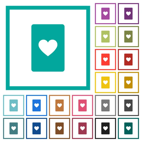 Symbol Karty Srdce Ploché Barevné Ikony Čtvercovými Rámečky Bílém Pozadí — Stockový vektor