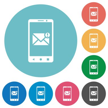 Yuvarlak renk arkaplan üzerinde düz beyaz simgeler gelen akıllı telefon mesajı