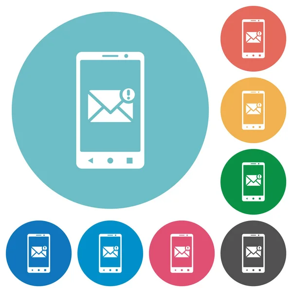 Smartphone Mensaje Entrante Iconos Blancos Planos Sobre Fondos Color Redondo — Vector de stock
