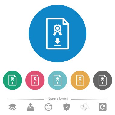 Sertifika düz beyaz simgeleri yuvarlak renkli arkaplanlarda indir. 6 bonus simgesi dahil.