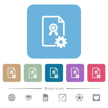 Renkli yuvarlak kare arkaplanlarda sertifika beyaz düz simgeleri oluşturuluyor. 6 bonus simgesi dahil