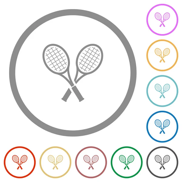 Deux Raquettes Tennis Couleurs Plates Icônes Contours Ronds Sur Fond — Image vectorielle