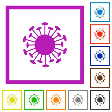 Beyaz arkaplanda kare çerçeveli Corona virüsü düz renk simgeleri