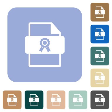 Renkli yuvarlak kare arkaplan üzerine beyaz düz simgeler sertifika dosyası