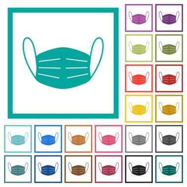 Tıbbi yüz maskesi düz renk simgeleri beyaz arkaplanda çeyrek çerçeve ile