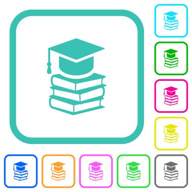 Mezuniyet başlığı beyaz arkaplanda eğimli sınırlarda canlı renkli düz simgeler içeren kitaplar içerir
