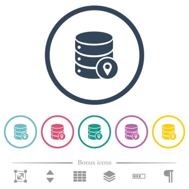 Yuvarlak hatlarda veritabanı konumu düz renk simgeleri. 6 bonus simgesi dahil.
