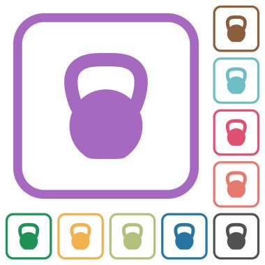 Beyaz arkaplanda renkli yuvarlak kare çerçeveli Kettlebel basit simgeleri