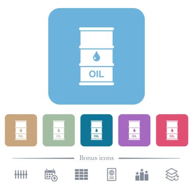 Yağ varili beyaz düz simgeler renkli yuvarlak kare arka planlar. 6 bonus simgesi dahil