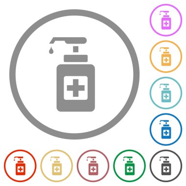 El dezenfektanı düz renk simgeleri beyaz arkaplanda yuvarlak hatlar halinde