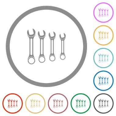 İngiliz anahtarlarının düz renk simgeleri beyaz arkaplanda yuvarlak çizgilerde