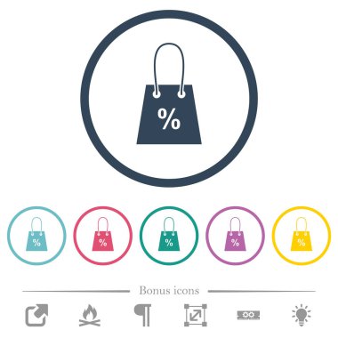 Yüzde elli alışveriş torbası düz renkli simgeleri yuvarlak çizgilerle imzaladı. 6 bonus simgesi dahil.