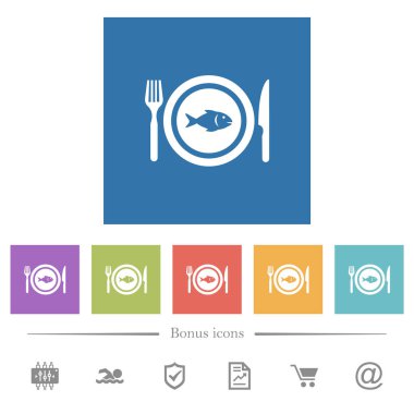 Kare arka planda beyaz simgelerle öğle yemeği için balık. 6 bonus simgesi dahil.