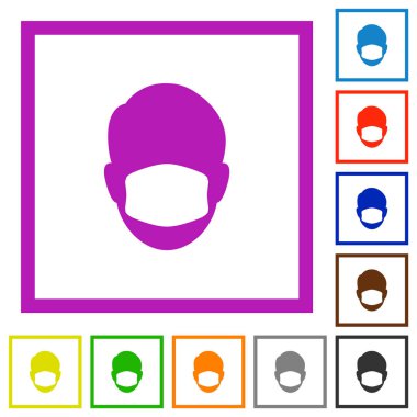 Beyaz arkaplanda kare çerçeveli tıbbi maske düz renk simgelerine sahip yüz