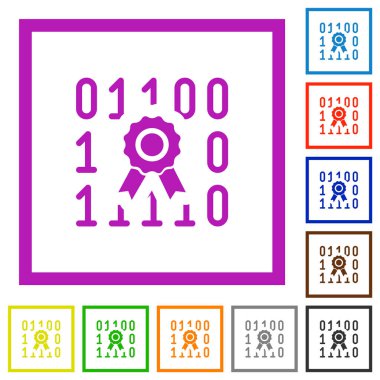 Beyaz arkaplanda kare çerçevelerde dijital sertifika düz renk simgeleri