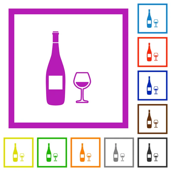 Bouteille Vin Verre Icônes Couleur Plate Dans Des Cadres Carrés — Image vectorielle