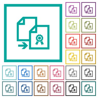 Sertifika düz renk simgelerini beyaz arkaplanda çeyrek çerçeve ile kopyala