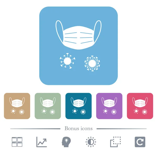 医療用マスクとコロナウイルス丸みを帯びた正方形の背景に白いフラットアイコン ボーナスアイコン6種 — ストックベクタ