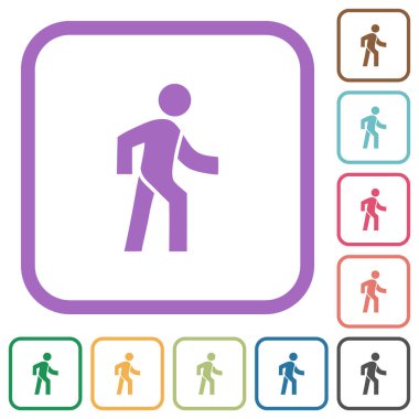 Beyaz arkaplanda yuvarlak kare çerçeveler halinde basit simgelerde yürüyen adam