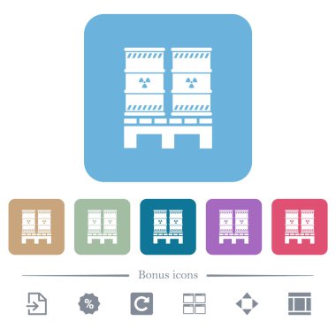 Renkli yuvarlak kare arka planlarda radyoaktif atık beyaz düz simgelere sahip palet. 6 bonus simgesi dahil