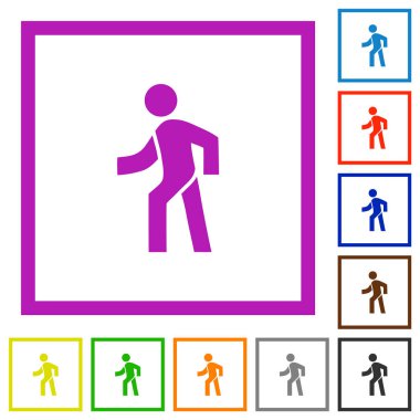 Beyaz arkaplanda kare çerçeveler içinde sol düz renk simgelerinde yürüyen adam