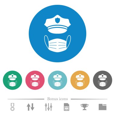 Polis şapkası ve tıbbi yüz maskesi yuvarlak renkli arka planlarda düz beyaz simgeler. 6 bonus simgesi dahil.