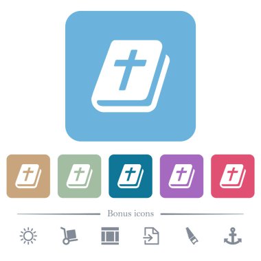 Kutsal İncil beyaz düz simgeler renkli yuvarlak kare arka planlar. 6 bonus simgesi dahil