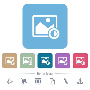 Renkli yuvarlak kare arkaplan üzerine resim karşıtlığı beyaz düz simgeleri ayarlayın. 6 bonus simgesi dahil