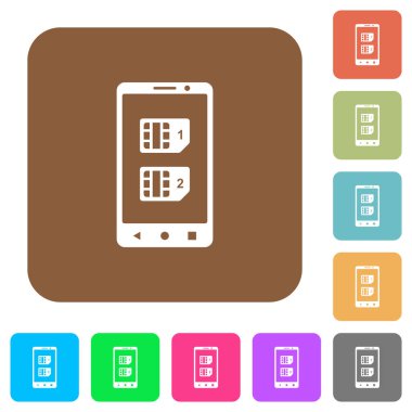 Yuvarlak kare renkli arkaplanlarda çift SIM mobil düz simgeler.