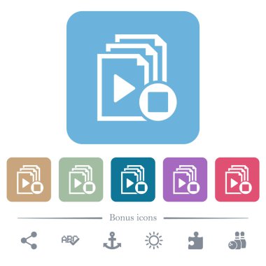 Renkli yuvarlak kare arkaplan üzerinde beyaz düz simgeler çalmayı durdur. 6 bonus simgesi dahil