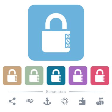 Renkli yuvarlak kare arka planlarda beyaz düz simgelerle kilitli kombinasyon kilidi. 6 bonus simgesi dahil