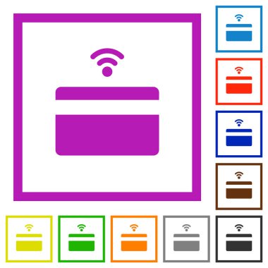 Temassız kredi kartı düz renk simgeleri beyaz arkaplanda kare çerçeveler