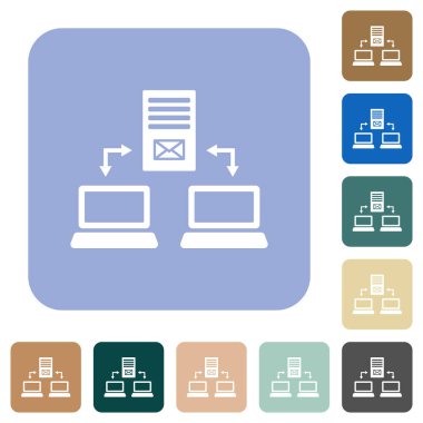 Renkli yuvarlak kare arkaplan üzerinde beyaz simge e- posta sunucusuna çoklu bağlantılar