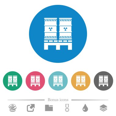 Renkli arka planda radyoaktif atık düz beyaz simgelere sahip palet. 6 bonus simgesi dahil.