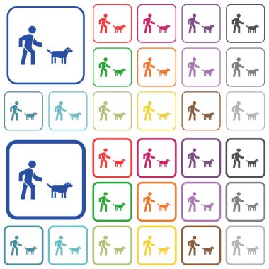 Yuvarlak kare çerçeveli köpek yürüyüşü renkli düz simgeler. İnce ve kalın versiyonlar dahil.