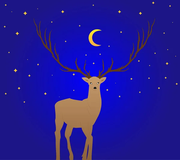 A deer on a nocturnal background with moon and stars