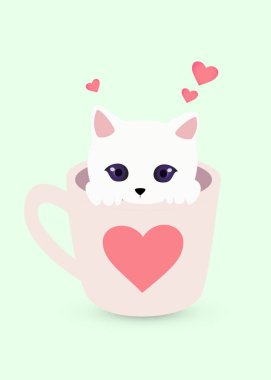 Kalp baskı ile bir fincan de sevimli kedi